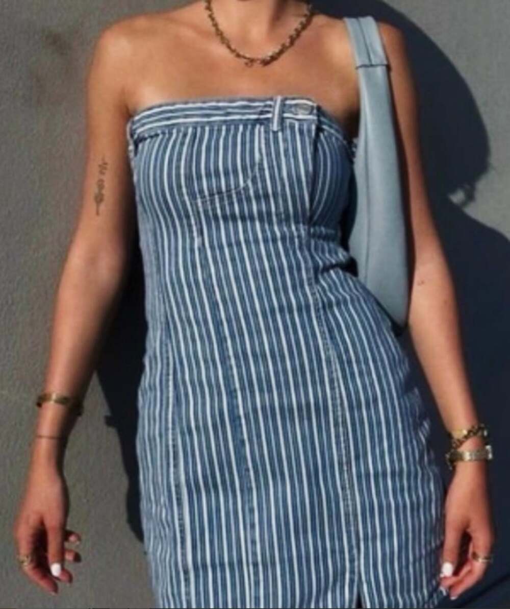 ZARA Strapless Denim Mini Dress Blue and White Stripe Women's XS